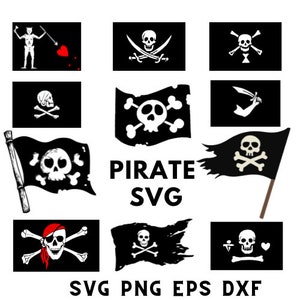 Puede incluir: Un conjunto de 10 archivos SVG de calaveras de piratas y huesos cruzados en blanco y negro. Los archivos incluyen varios diseños, como una calavera con un corazón, una calavera con una espada y una calavera con una daga. El texto "PIRATE SVG" se muestra en el centro de la imagen.
