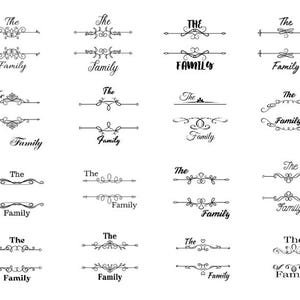 Puede incluir: Un conjunto de 20 archivos de corte SVG en blanco y negro con diferentes florituras decorativas y el texto "The Family".