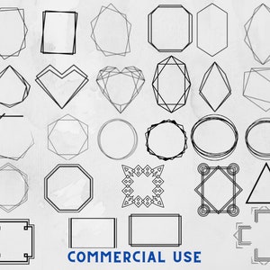 Op de afbeelding: Een set van 25 geometrische frame-illustraties in zwart en wit. De frames zijn in verschillende vormen, waaronder cirkels, vierkanten, harten, diamanten en achthoeken. De frames zijn perfect om een moderne touch aan je ontwerpen toe te voegen.