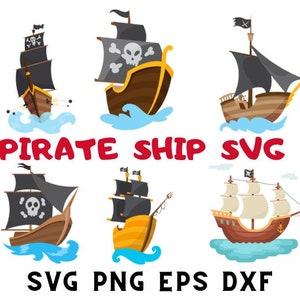 Könnte beinhalten: Satz von sechs Cartoon-Piratenschiff-Illustrationen im SVG-Format. Die Schiffe sind in verschiedenen Farben, darunter Braun, Schwarz, Gelb und Weiß. Jedes Schiff hat eine Totenkopf- und Knochenflagge und Segel.