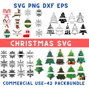 Op de afbeelding: Een digitale grafische bundel met kerstthema SVG-, PNG-, DXF- en EPS-bestanden. De ontwerpen omvatten zuurstokken, rendieren, sneeuwvlokken, kerstbomen, ornamenten en kousen. Tekst bevat "MEGA", "CHRISTMAS SVG" en "COMMERCIAL USE - 42 PACKBUNDLE."
