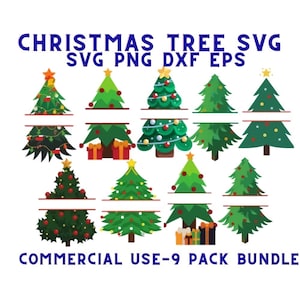 May include: Nine different Christmas tree SVG designs with a split in the middle for adding text. The trees are decorated with ornaments, lights, and a star on top. The text "CHRISTMAS TREE SVG SVG PNG DXF EPS COMMERCIAL USE-9 PACK BUNDLE" is at the top of the image.