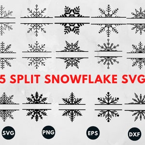May include: Fifteen black and white snowflake SVG split monogram designs. The snowflakes are split in half horizontally with a line in the middle. The text "15 Split Snowflake SVG" is in red letters below the snowflakes. The text "SVG", "PNG", "EPS", and "DXF" are in black circles below the snowflakes.
