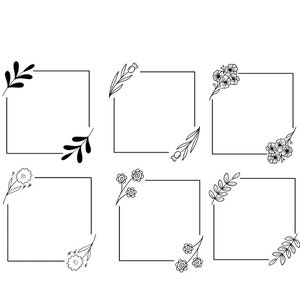 May include: Six black and white floral frames with square borders. Each frame has a different floral design in one corner.