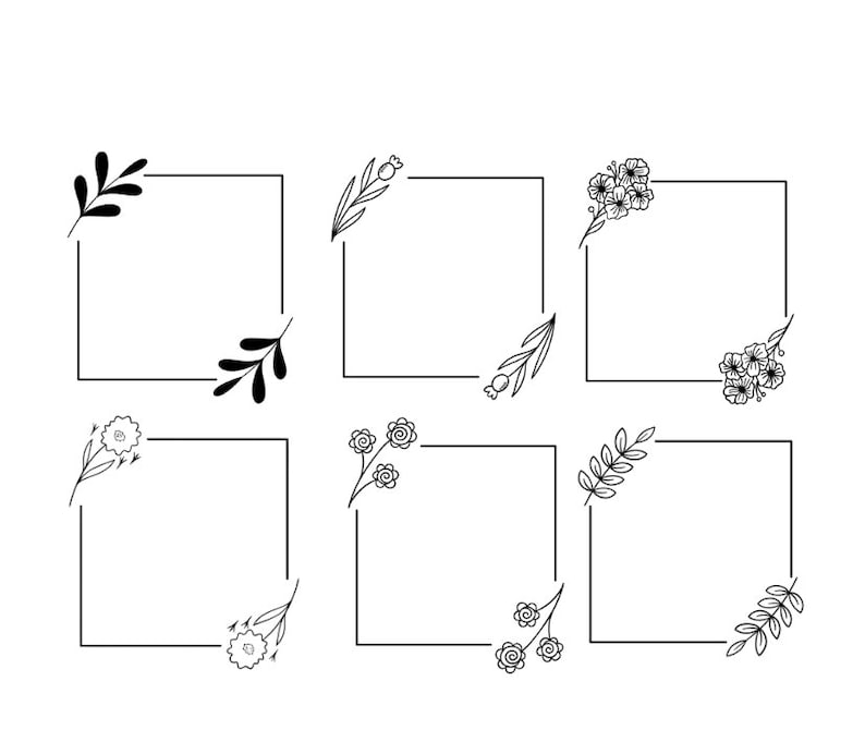 May include: Six black and white floral frames with square borders. Each frame has a different floral design in one corner.