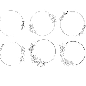 May include: Set of six black and white floral circle frames. Each frame features a different arrangement of leaves and flowers.