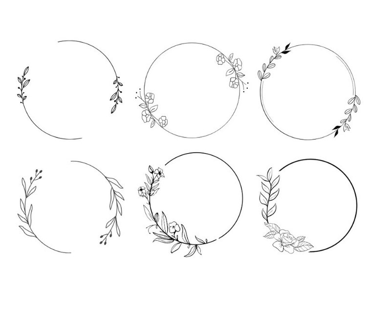 May include: Set of six black and white floral circle frames. Each frame features a different arrangement of leaves and flowers.