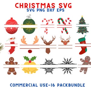 May include: A set of 16 Christmas SVG cut files for crafting and design. The designs include a gingerbread person, reindeer, candy canes, ornaments, snowflakes, and a Christmas tree. The text "COMMERCIAL USE - 16 PACK BUNDLE" is at the bottom of the image.
