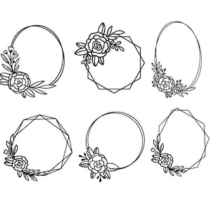 May include: Set of six black and white floral wreaths with different shapes, including circles, octagons, and hexagons. The wreaths are perfect for adding a touch of elegance to any project.