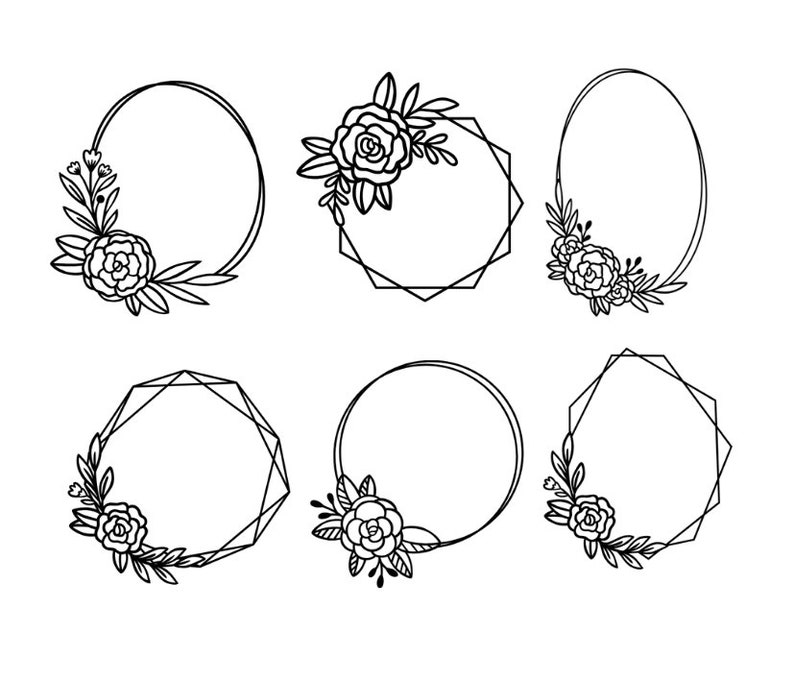 May include: Set of six black and white floral wreaths with different shapes, including circles, octagons, and hexagons. The wreaths are perfect for adding a touch of elegance to any project.