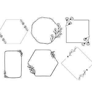 May include: Set of six black and white floral frames with different shapes, including a hexagon, circle, square, and diamond.