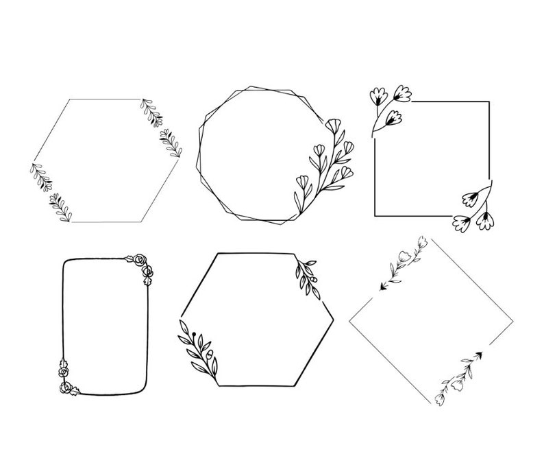 May include: Set of six black and white floral frames with different shapes, including a hexagon, circle, square, and diamond.