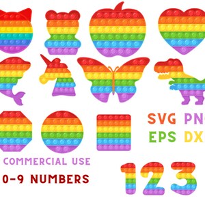 Puede incluir: Un conjunto de 15 juguetes pop it arcoíris en varias formas, incluyendo un gato, un oso, una manzana, un corazón, un delfín, un unicornio, una mariposa, un dinosaurio, un hexágono, un círculo, un cuadrado y los números 1, 2 y 3. El texto "SVG PNG EPS DXF COMMERCIAL USE 0-9 NUMBERS" también está incluido en la imagen.