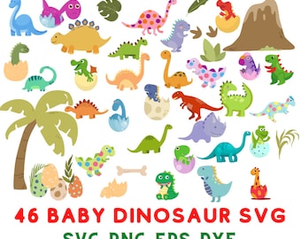 May include: A set of 46 colorful baby dinosaur illustrations in various poses, including a palm tree, eggs, and a volcano. The dinosaurs are in a variety of colors, including green, blue, pink, red, yellow, and orange. The illustrations are perfect for creating crafts, cards, and other projects.