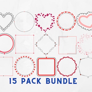 May include: A set of 15 Valentine's Day themed frames in various styles, including hearts, circles, and squares. The frames are black, red, and pink and feature hearts, stars, and other decorative elements.