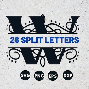 May include: A black and white graphic of the letter W with decorative flourishes. The letter is split in half with the text "26 Split Letters" in blue text in the middle. The image also includes the file formats SVG, PNG, EPS, and DXF.