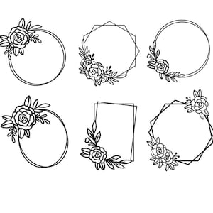 May include: Set of six black and white floral frames with different shapes, including circles, squares, and octagons. Each frame features a floral design with leaves and roses.