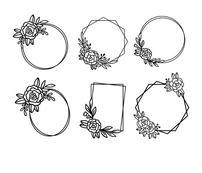May include: Set of six black and white floral frames with different shapes, including circles, squares, and octagons. Each frame features a floral design with leaves and roses.