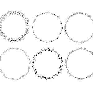 May include: Six black and white circular frames with different floral designs. The frames are perfect for adding a touch of elegance to any project.