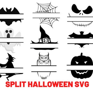 May include: A collection of Halloween-themed split SVG designs. Includes a bat, spiderweb, jack-o'-lantern face, ghost, witch hat, bat, witch, owl, and pumpkin. The text "SPLIT HALLOWEEN SVG" is displayed in red at the bottom.