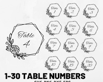May include: A set of 12 black and white table number cards with floral accents. The numbers range from 1 to 20. The cards are designed for weddings, parties, or other events.  1-30 Table Numbers SVG PNG DXF EPS
