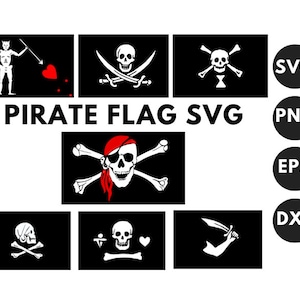 Puede incluir: Un conjunto de ocho diseños de banderas piratas SVG. Las banderas presentan varios símbolos piratas, incluidos cráneos, huesos cruzados, espadas y un corazón. El texto "PIRATE FLAG SVG" se muestra en el centro de la imagen. Los formatos de archivo SVG, PNG, EPS y DXF se enumeran en círculos alrededor de la imagen.