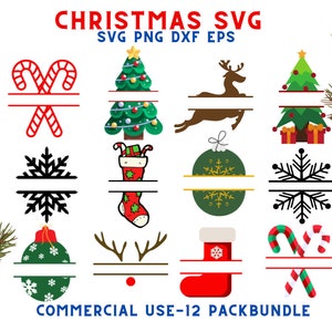 Christmas Monogram Svg Bundle, Split Svg, Christmas Name Frame Svg, Snowflake Frame Svg,ornament svg, Silhouette, Christmas tree png