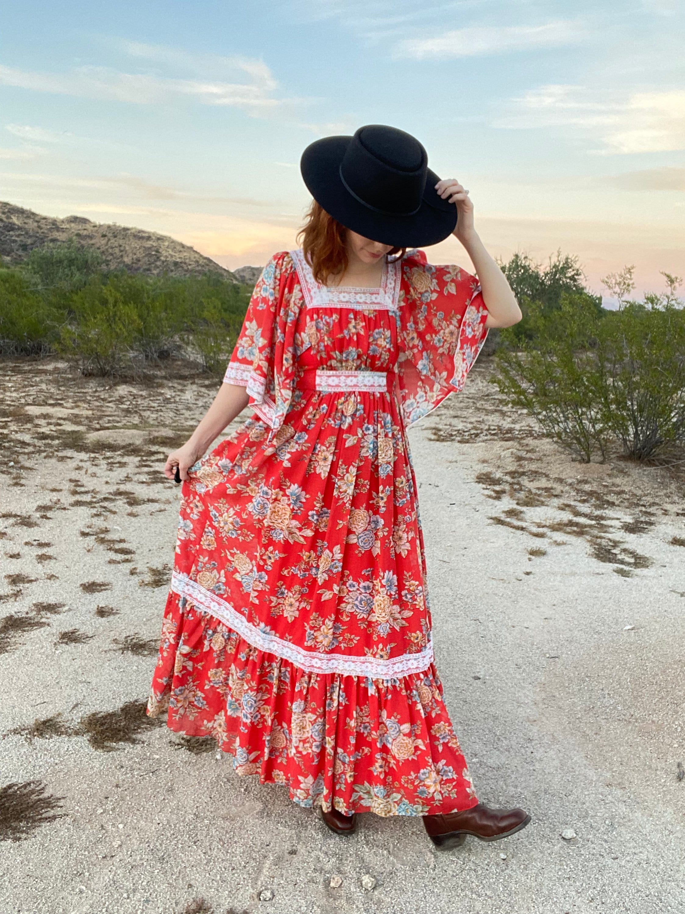 Vintage 1970s Gunne Sax Style Angel Sleeve Floral Print Voile Maxi