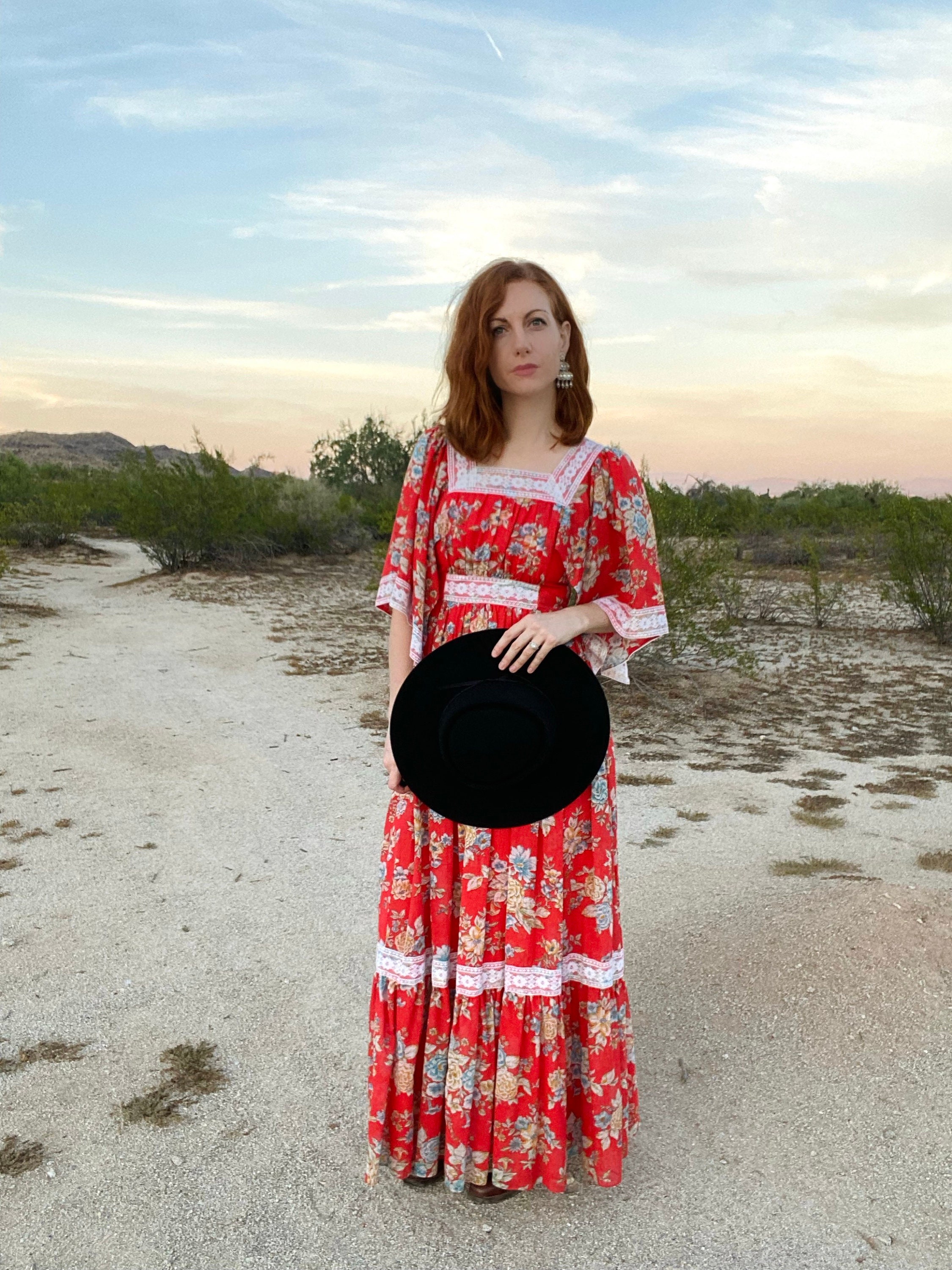 Vintage 1970s Gunne Sax Style Angel Sleeve Floral Print Voile Maxi