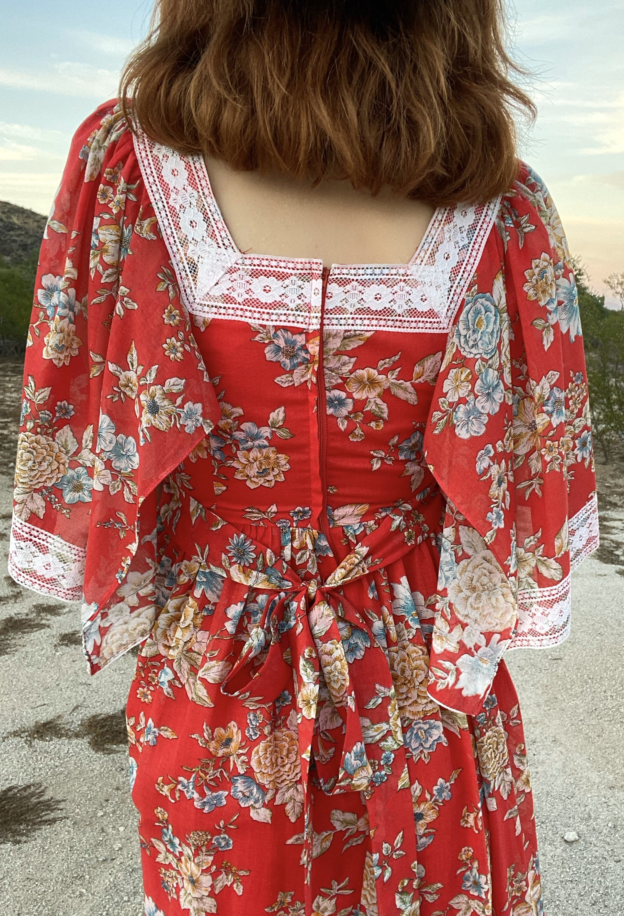 Vintage 1970s Gunne Sax Style Angel Sleeve Floral Print Voile Maxi