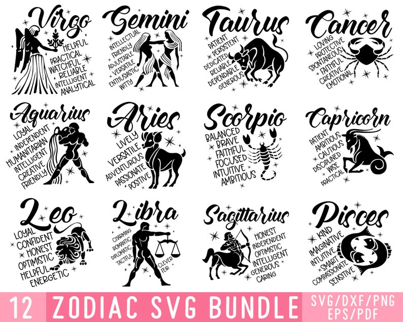 Zodiac SVG Bundle, Zodiac Sign svg, Zodiac Sign png, Zodiac printable file, Zodiac svg for Cricut image 1