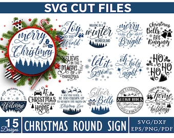 Christmas Round Signs SVG Bundle, Rustic Christmas Signs SVG Bundle, round sign bundle, Christmas, Merry and Bright Sign, Snowman Sign