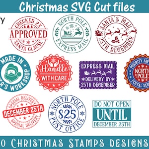 Sellos navideños SVG, entrega especial SVG, correo de Santa Claus SVG, sello postal SVG, sello postal SVG, sellos del Polo Norte SVG, paquete de sellos navideños SVG