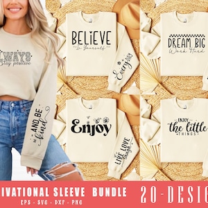 20 motiverande ärmar SVG PNG-paket, ärmdesign Svg, positiv affirmation svg, självkärlek Svg, uppmuntrande citat skjorta svg, digitalt