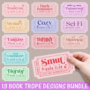 May include: A collection of 13 book trope designs, each resembling a vintage ticket. The tickets feature various genres like "RomCom," "Mystery," and "Horror," with decorative elements and the text "BOOK CLUB" and "LIFETIME MEMBERSHIP."