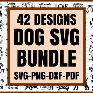 Op de afbeelding: Een digitaal downloadpakket met 42 hondenthema SVG-ontwerpen. De ontwerpen bevatten verschillende hondengerelateerde zinnen en afbeeldingen, waaronder "Het leven is kort, speel met je hond", "Mijn hond is geen huisdier, mijn hond is familie", "Honden liegen nooit over liefde" en "Alles wat je nodig hebt is liefde en een hond".