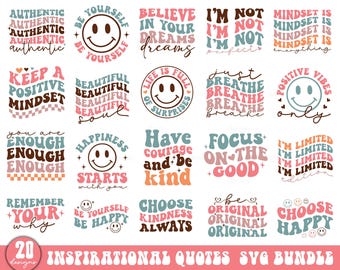 Pacote de SVGs com Frases Motivacionais Retrô, Pacote de SVGs Motivacionais, SVG com Frases, Pacote de SVGs sobre Saúde Mental, SVGs Positivos, Arquivos de Corte para Cricut