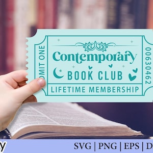 May include: A teal ticket with the text "Contemporary Book Club Lifetime Membership" is held over an open book. The ticket has a decorative border and the number "00630462". The background is a blurred image of bookshelves.