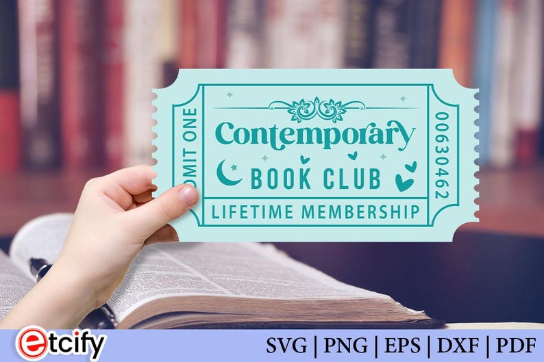 May include: A teal ticket with the text "Contemporary Book Club Lifetime Membership" is held over an open book. The ticket has a decorative border and the number "00630462". The background is a blurred image of bookshelves.