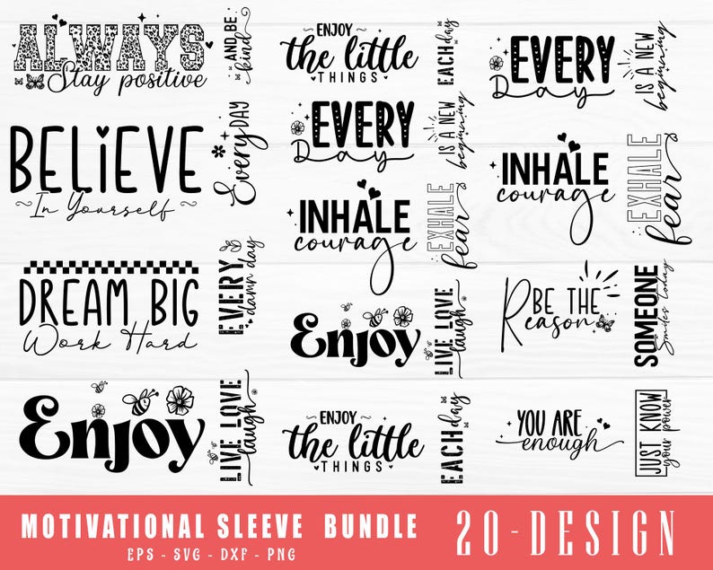 Pode incluir: Um conjunto de 20 cita&ccedil;&otilde;es motivacionais em texto preto sobre fundo branco. As cita&ccedil;&otilde;es incluem "Always Stay Positive", "Believe in Yourself", "Dream Big Work Hard", "Enjoy the Little Things", "Every Day is a New Beginning", "Every Day is a New Beginning", "Exhale Fear", "Inhale Courage", "Just Know Your Power", "Live Love Laugh", "Be the Reason", "You Are Enough", "Someone Greater is Coming", "Enjoy", "Enjoy the Little Things", "Every Day", "Every Day", "Inhale Courage", "Exhale Fear".