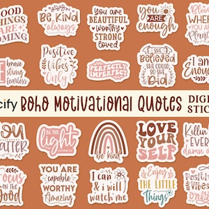 Pode incluir: Um conjunto de 20 adesivos digitais com citações motivacionais em estilo boho. Os adesivos são de várias cores, incluindo rosa, marrom e branco, e apresentam uma variedade de fontes e designs. As citações incluem "Coisas boas estão chegando", "Seja gentil sempre", "Você é linda, digna, forte, amada", "Você é suficiente", "Floresça onde você está plantada", "Seja corajosa, forte, destemida", "Vibrações positivas apenas", "Perfeitamente imperfeita", "Ela acreditou que podia, então ela fez", "Eu sou suficiente", "Você importa", "Seja a luz", "Seja gentil", "Ame a si mesmo", "Matando tudo todos os dias", "Concentre-se no bem", "Você é capaz, digna, incrível", "Eu posso e farei, assista", "Aproveite as pequenas coisas", e "Vibrações positivas apenas".