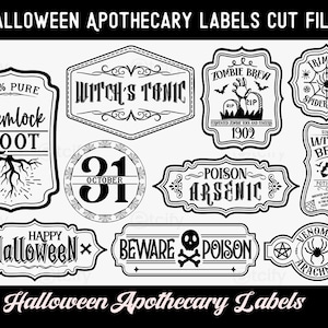 Könnte beinhalten: Schwarz-weiße Halloween-Apotheken-Etiketten mit gruseligen Designs und Texten. Die Etiketten beinhalten Sätze wie "Witch's Tonic", "Zombie Brew", "Poison Arsenic" und "Hemlock Root".
