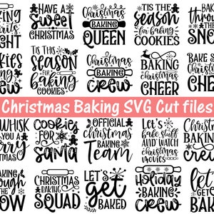 Może przedstawiać: Zestaw 20 czarno-białych plików SVG do cięcia z motywem świątecznego pieczenia. Projekty zawierają świąteczne frazy, takie jak "Baking Spirits Bright", "Cookies Baking Crew", "Christmas Baking Queen", "Tis the Season for Baking Cookies", "Baking Through the Snow", "We Whisk You a Merry Christmas", "Cookies for Santa", "Official Christmas Baking Team", "Let's Bake Stuff and Watch Christmas Movies", "Christmas Baking Crew", "Baking Through the Snow", "Christmas Baking Squad", "Let's Get Baked", "Holiday Baking Crew", and "Let's Get Baked".