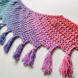 May include: A crocheted garland with a gradient of colours from blue to pink, with tassels hanging from the bottom.