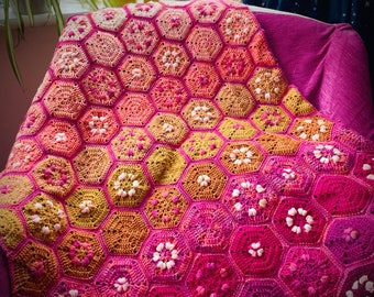 Crochet Blanket PDF Pattern - Honeycomb of Hearts - English UK & US terminology