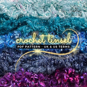 May include: A crochet tinsel PDF pattern with instructions in both UK and US terms. The image shows three layers of yarn in different shades of blue and purple.
