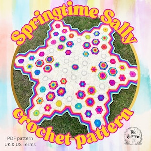 May include: A crochet pattern for a colourful star-shaped blanket called "Springtime Sally". The pattern is available as a PDF download and includes both UK and US crochet terms.