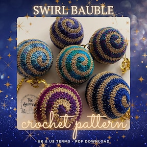 May include: Crochet pattern for a swirl bauble ornament. The pattern includes five different color combinations: purple and gold, blue and gold, teal and gold, blue and gold, and purple and gold. The pattern is available as a PDF download.