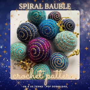 Peut inclure: Un modèle de crochet pour une boule de Noël en spirale. Le modèle comprend des instructions pour réaliser une variété de couleurs, notamment le bleu, le bleu sarcelle, le violet et l'or. Le modèle est disponible en téléchargement PDF et comprend les termes anglais et américains.