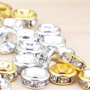 8 mm Silver-Gold plated Round A-Grade Rhinestone Spacers, Strass Rondelles, Tesbih Personalization, Tasbih Design, Rosary Making, 15 pcs